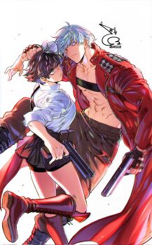 Rule 34 | 1boy, 1girl, abs, baehee5502, bike shorts, black hair, blue eyes, boots, coat, commentary request, corrupted twitter file, dante (devil may cry), dated, devil may cry, devil may cry (series), devil may cry 3, fingerless gloves, gloves, green eyes, gun, handgun, heterochromia, highres, holding, holding gun, holding weapon, korean commentary, lady (devil may cry), no shirt, pants, parted lips, red coat, red eyes, scar, scar on face, scar on nose, shirt, signature, simple background, weapon, white background, white hair, white shirt