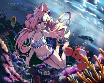 absurdres animal_ears barefoot bow cat_ears fins fish fish_girl fish_tail hair_bow highres indie_virtual_youtuber kaniki_(sameko_saba) midriff ocean sameko_saba short_shorts shorts swimsuit tail underwater virtual_youtuber
