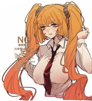 09wave_hb 1girl breasts collared_shirt freckles green_eyes hands_up ishmael_(project_moon) large_breasts limbus_company long_hair long_sleeves necktie open_mouth orange_hair project_moon red_necktie rope shirt simple_background sweat twintails very_long_hair white_background white_shirt