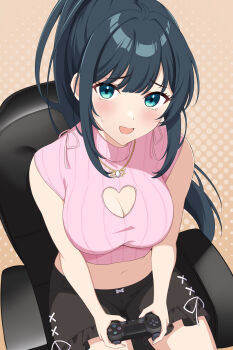 1girl amano_nene_(vtuber) black_hair black_shorts blue_eyes blush breasts chair cleavage cleavage_cutout clothing_cutout commission controller crop_top game_controller heart_cutout highres holding holding_controller holding_game_controller long_hair midriff navel open_mouth pink_sweater ponytail production_kawaii rin_ateria shorts sitting skeb_commission sleeveless sleeveless_sweater smile solo sweater virtual_youtuber