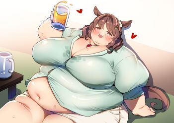 1girl alcohol alternate_body_size animal_ears aqua_shirt arm_support beer beer_mug belly big_belly blush breasts brown_hair cleavage cowboy_shot cup double_chin drunk ear_ornament ear_scrunchie fat fat_rolls hair_ornament hairclip hand_up heart highres holding holding_cup horse_ears horse_girl horse_tail indoors jewelry kukeiha_(squarewave29) large_breasts light_hello_(umamusume) looking_at_viewer medium_hair muffin_top mug navel necklace obese open_mouth shirt shorts sitting smile solo squeans sweat sweatdrop table tail thick_arms thick_thighs thighs umamusume weight_gain white_shorts