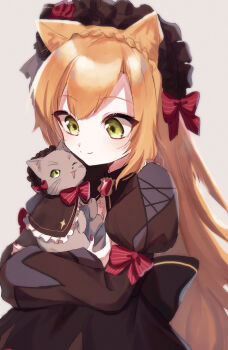 1boy animal animal_ears black_dress black_hairband blonde_hair cat cat_ears commentary_request crossdressing crossdressing_(mtf) dress frilled_hairband frills green_eyes grey_background grey_cat hairband highres holding holding_animal holding_cat juliet_sleeves kibimaro long_hair long_sleeves male_focus nijisanji official_alternate_costume puffy_sleeves simple_background smile solo trap upper_body uzuki_kou uzuki_kou_(4th_costume) virtual_youtuber