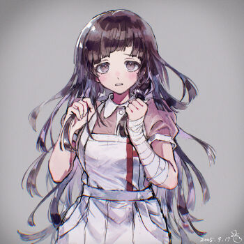 1girl apron bandaged_arm bandages blush breasts brown_hair collared_shirt cowboy_shot danganronpa_(series) danganronpa_2:_goodbye_despair dated grey_background hands_up highres large_breasts logo long_hair mole mole_under_eye pink_shirt puffy_short_sleeves puffy_sleeves sakomdms shirt short_sleeves simple_background solo teeth tsumiki_mikan two-tone_shirt