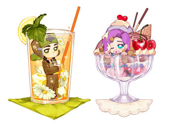 2boys absurdres black_hair blue_eyes braid brown_hat brown_jumpsuit cherry chibi chocolate commentary commentary_request cream cup dessert drink drinking_glass drinking_straw flower food food_on_head fruit glass grape_hat_ornament green_eyes green_hat hat higashikata_norisuke_iv highres holding ice ice_cream ice_cube in_container in_cup in_food jojo_no_kimyou_na_bouken jojolion jumpsuit leaf lemon lemon_slice male_focus mamezuku_rai mini_person miniboy multiple_boys necktie object_on_head one_eye_closed pants parfait pink_pants pocky purple_hair solo sprinkles strawberry sundae sweets transparent_background twin_braids two-tone_hat ushanka wafer_stick whipped_cream white_flower xiaorong