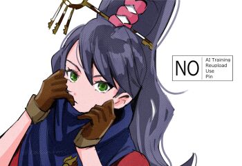 1girl ace_attorney black_hair blue_scarf brown_gloves closed_mouth gloves green_eyes hair_between_eyes high_ponytail kay_faraday key_hair_ornament long_hair looking_at_viewer ponytail rat_nkmi scarf solo twitter_username upper_body