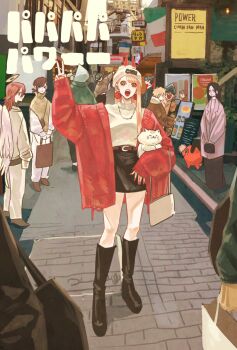 Rule 34 | 2others, 4girls, 5boys, angel devil (chainsaw man), animal, beam (chainsaw man), black footwear, black hair, black skirt, boots, brown hair, cardigan, cat, chainsaw man, commentary request, copyright name, denji (chainsaw man), flag, full body, halo, hat, hayakawa aki, higashiyama kobeni, highres, himeno (chainsaw man), hood, hoodie, horns, long hair, looking back, mask, meowy (chainsaw man), multiple boys, multiple girls, multiple others, outdoors, pochita (chainsaw man), power (chainsaw man), princi (chainsaw man), red cardigan, red horns, red nails, sharp teeth, skirt, straight hair, takeuchi ryousuke, teeth, v, violence fiend (chainsaw man), white hat, white wings, wings