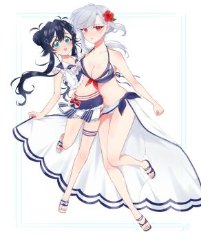 2girls artist_request blue_eyes blue_hair blush breasts eiai_nano grey_hair kimi_no_koto_ga_dai_dai_dai_dai_daisuki_na_100-nin_no_kanojo large_breasts long_hair multiple_girls red_eyes smile swimsuit yoshimoto_shizuka