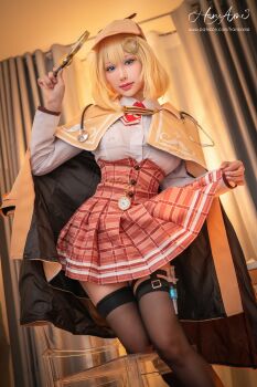 blonde_hair breasts cosplay hane_ame highres hololive hololive_english large_breasts looking_at_viewer magnifying_glass photo_(medium) real_life standing stethoscope virtual_youtuber watson_amelia watson_amelia_(1st_costume) watson_amelia_(cosplay)
