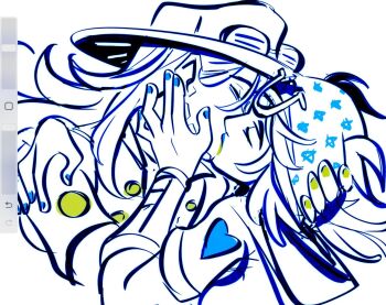 2boys beanie blue_lips blue_nails closed_eyes color_trace commentary couple cowboy_hat english_commentary eyewear_on_head goggles goggles_on_headwear green_lips gyro_zeppeli hat heart_ornament highres hood hood_down hoodie horseshoe_hat_ornament horseshoe_ornament johnny_joestar jojo_no_kimyou_na_bouken kiss limited_palette long_hair makeup male_focus multiple_boys nail_polish nolvini partially_colored short_sleeves steel_ball_run wristband yaoi