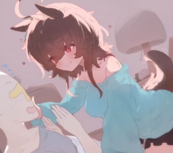 1boy 1girl absurdres agnes_tachyon_(umamusume) ahoge animal_ears assertive_female bare_shoulders black_skirt blue_shirt brown_hair closed_mouth commentary_request girl_on_top hair_between_eyes highres horse_ears horse_girl horse_tail medium_hair off-shoulder_shirt off_shoulder red_eyes shirt skirt smile ssekine05 t-head_trainer_(umamusume) tail trainer_(umamusume) umamusume