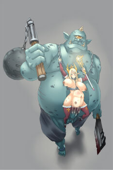 1boy 1girl areola_piercing axe bad_id bad_pixiv_id barefoot belly_riding blonde_hair branded breasts breasts_apart chain chained collar cum cum_overflow cyclops deep_penetration detached_sleeves elf fangs fanny_packing fat fat_man fur-trimmed_legwear fur_trim green_eyes hetero highres horns huge_breasts huge_penis interspecies large_insertion long_hair meat_armor monster nipple_piercing nipples one-eyed penis penis_sheath piercing pointy_ears rape restrained sex single_horn size_difference slave staff stomach_bulge tagme tears thighhighs topless_female unaligned_breasts uncensored vaginal weapon yakou_(4507770)