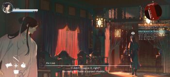 2boys architecture bandaged_neck bandages bead_curtain black_hair black_hanfu braid brown_hair chair chinese_clothes commentary curtained_hair curtains east_asian_architecture english_commentary english_text from_behind gameplay_mechanics hair_bun hair_ribbon hanfu highres indoors lantern long_sleeves male_focus mask multiple_boys oni_mask profile ribbon sidelocks single_braid single_hair_bun standing suto_(sakumaaritsu) tianguan_cifu user_interface vase walking white_hanfu white_ribbon wide_shot xie_lian yin_yu