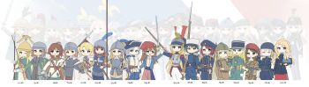 Rule 34 | 122nd infantry regiment (france), 501st combat tank regiment (france), 6+girls, absurdres, adrian helmet, ahoge, aiguillette, ammunition pouch, amphora, antique firearm, aqua eyes, arm up, armor, arrow (projectile), ascot, assault rifle, aviator sunglasses, backpack, badge, bag, baldric, banner, bascinet, battle of france, battle standard, bayonet, bearskin cap, bedroll, belt, high-waist belt, belt pouch, beret, binoculars, bird, bird hat ornament, bird ornament, black bow, black gloves, blonde hair, blue cloak, blue coat, blue eyes, blue feathers, blue garter, blue hair, blue hat, blue jacket, blue jumpsuit, blue pants, blue ribbon, blue sash, blue sleeves, blue surcoat, bolt action, boots, bow, bow (weapon), bracer, braid, braided ponytail, braided twintails, breast pocket, breastplate, bronze, bronze armor, bronze headwear, brooch, brown belt, brown coat, brown eyes, brown gloves, brown hair, brown pants, bulletproof vest, bullpup, burgonet, buttons, camouflage, camouflage jacket, camouflage pants, cape, caplock, cargo pants, carolingian empire, cavalry, cavalry helmet, celtic, chainmail, character name, chasseurs alpins, chauchat, checkered cape, checkered clothes, chest rig, chevron (symbol), clasp, cloak, closed mouth, coat, coat of arms, cockade, coif, cold war, collar, combat helmet, cowboy shot, crest, cross, cross necklace, crossbow, cuirass, cup hilt, dagger, dated, double-breasted, eagle, emblem, english text, epaulettes, expressionless, face shield, famas, feathered helmet, feathered wings, feathers, feet out of frame, firearm, firelock, first french empire, first indochina war, flag, fleur-de-lis, flintlock, flower brooch, fr f2, france, franco-prussian war, french army, french flag, french foreign legion, french revolution, frown, full armor, full body, furrowed brow, gambeson, gaul, gauntlets, gendarmerie nationale, gign, glaive (polearm), gloves, gold buttons, greaves, green cape, green eyes, green pants, green shirt, green trim, grenadier guards, grey coat, grey feathers, grey hair, grey jacket, grey scarf, group picture, guard, gun, h&amp;k hk416, hair ribbon, hand on own hip, hand up, handgun, hat, hat bow, hat feather, hat ornament, hauberk, helmet, heraldry, highres, holding, holding behind back, holding binoculars, holding flag, holding gun, holding jug, holding polearm, holding shield, holding sword, holding unworn clothes, holding unworn hat, holding unworn helmet, holding weapon, holding weapon behind back, holster, hunting horn, jacket, jewelry, jumpsuit, kepi, knife, knight, knights templar, lance, lebel model 1886, leochan1202, long coat, long hair, long sleeves, looking at viewer, looking to the side, looking up, low twintails, manurhin mr73, mas-36, mat-49, medieval, medium hair, messy hair, military combat uniform, military hat, military rank insignia, military uniform, morion, multiple girls, musket, musketeer, napoleonic wars, neckerchief, necklace, number print, one eye closed, open mouth, original, ornate helmet, overcoat, pants, paratrooper, patch, pauldrons, phrygian cap, pike (weapon), pink hair, plate armor, plume, pocket, polearm, police, police uniform, pouch, powder flask, purple eyes, quiver, rags, rapier, red belt, red cape, red cross, red eyes, red feathers, red hair, red ribbon, red sash, red skirt, revolver, ribbon, rifle, roman empire, sabaton, sallet, sash, scale armor, scarf, serious, seven years' war, shadow, shako cap, sheath, shield, shirt, short hair, short sleeves, shoulder armor, shoulder patch, shoulder strap, simple background, skirt, sleeve cuffs, smile, soldier, solo, spangenhelm, spear, spurs, standing, strap, striped sleeves, submachine gun, sunglasses, surcoat, suspenders, sword, sword hilt, tabard, tassets, thigh pouch, thompson submachine gun, torc, tricorne, tunic, twintails, two-barred cross, two-handed, unworn hat, unworn headwear, unworn helmet, upper body, vest, war banner, wavy hair, weapon, white background, white bow, white cape, white collar, white feathers, white gloves, white pants, white scarf, white shirt, white tunic, white vest, winged sword, wings, world war i, world war ii, yellow-framed eyewear, yellow eyes, yellow feathers, yellow shirt