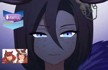 3girls :s absurdres air_groove_(empress_road)_(umamusume) air_groove_(umamusume) animal_ears ascot black_hair blue_eyes blush bow brown_eyes brown_hair commentary diagonal-striped_bow ear_bow ear_chain ear_covers english_commentary eye_twitch gimmethemtacos green_bow hair_between_eyes highres horse_ears horse_girl linked_piercing long_hair looking_at_viewer medium_hair multicolored_hair multiple_girls nice_nature_(poinsettia_ribbon)_(umamusume) nice_nature_(umamusume) piercing purple_eyes reze's_eye_twitch_(chainsaw_man) scene_reference short_hair stifled_laugh straight-on streaked_hair striped_bow symboli_rudolf_(emperor's_path)_(umamusume) symboli_rudolf_(umamusume) twintails umamusume white_ascot white_hair