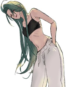 1girl bra breasts chili_chan_yade commentary_request green_hair hands_in_pockets highres long_hair looking_at_viewer navel_piercing nintendo orange_eyes pants piercing pokemon pokemon_sv ribs rika_(pokemon) small_breasts solo sweatpants tongue tongue_out underwear white_background
