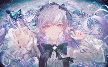 1girl absurdres ahoge ascot black_nails blue_gemstone bow bowtie bug butterfly center_frills commentary_request drill_hair drill_sidelocks frilled_sleeves frills gem hairband highres insect long_hair lying mole mole_under_eye on_back parted_lips pink_eyes pointy_ears purple_ascot purple_bow purple_bowtie purple_hair purple_hairband purple_umbrella shrug_(clothing) sidelocks solo umbrella upper_body vivian_banshee water white_shrug yomichidesu zenless_zone_zero