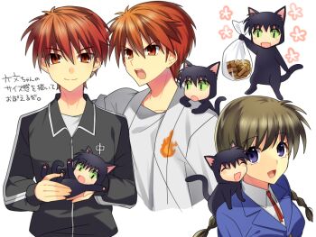 Rule 34 | blue eyes, braid, breasts, brown hair, cat, closed eyes, fang, haori, jacket, kyoukai no rinne, mamiya sakura, open mouth, red eyes, red hair, rokudou rinne, rokumon, school uniform, short hair, smile