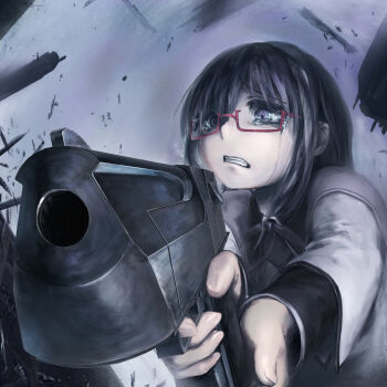 10s 1girl aiming aiming_at_viewer akemi_homura akemi_homura_(magical_girl) black_hair crying crying_with_eyes_open desert_eagle female_focus foreshortening glasses gun handgun highres holding holding_gun holding_weapon kath long_hair mahou_shoujo_madoka_magica mahou_shoujo_madoka_magica_(anime) pistol purple_eyes red-framed_eyewear solo tears weapon