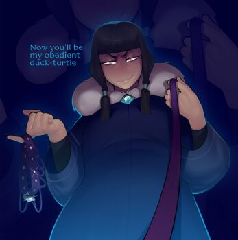 1girl absurdres assertive_female avatar_legends blue_background blue_robe blunt_bangs blunt_sidelocks blush collar commentary dark-skinned_female dark_skin english_commentary english_text eska_(avatar) femdom fur-trimmed_robe fur_collar fur_trim highres holding holding_collar holding_leash leash mrfuga no_nose pov robe sidelocks smirk solo the_legend_of_korra upper_body viewer_on_leash wide_sleeves yellow_eyes zoom_layer