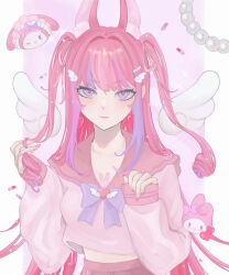 Rule 34 | 1girl, absurdres, angel wings, animal ear fluff, animal ears, artist name, bow, breasts, closed mouth, collarbone, colored inner hair, commentary, commission, curly hair, detached wings, earrings, eyelashes, fingernails, glitter, hair intakes, hair ornament, hair ribbon, hairclip, heart, heart earrings, heart in eye, highres, jewelry, light blush, light smile, long hair, long sleeves, looking at viewer, maid headdress, midriff peek, mole, mole under eye, multicolored hair, my melody, nail art, nail polish, one eye closed, onegai my melody, original, pill, pink background, pink bow, pink eyes, pink hair, pink nails, pink ribbon, pink sailor collar, pink serafuku, pink skirt, pink theme, purple bow, purple hair, rabbit ears, ribbon, sailor collar, sanrio, school uniform, serafuku, shoujoblush, skeb commission, skirt, sleeves past wrists, solo, streaked hair, symbol in eye, twirling hair, two-tone hair, two side up, white background, white headdress, white wings, wing hair ornament, wings, yume kawaii