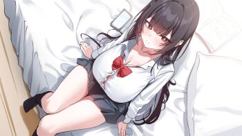 1girl absurdres artist_request bed black_hair black_skirt black_socks book bow bowtie breasts bright_pupils button_gap check_artist cleavage closed_mouth commission dress_shirt from_above hailiu highres huge_breasts korean_commentary large_breasts long_hair long_sleeves looking_at_viewer miniskirt mole mole_under_eye on_bed open_book original pillow pleated_skirt red_eyes rie_(mirae_yang) second-party_source shirt sitting skirt smile socks solo thighs very_long_hair white_shirt