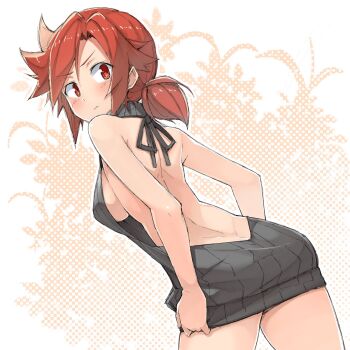 Rule 34 | 1girl, ass, back, backless dress, backless outfit, bare back, bare shoulders, breasts, commentary, dress, english commentary, grey sweater, highres, looking at viewer, looking back, medium breasts, medium hair, mzrz, naked sweater, original, ponytail, red eyes, red hair, ribbed sweater, sideboob, sleeveless, sleeveless sweater, sleeveless turtleneck, solo, sweater, sweater dress, turtleneck, turtleneck sweater, virgin killer sweater