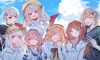 2boys 5girls akabane_youko blue_eyes braid brown_hair closed_eyes collar demon_girl demon_wings ear_piercing earrings genderswap genderswap_(mtf) green_eyes hat highres honma_himawari honma_himawari_(6th_costume) jewelry kanae_(nijisanji) kuzuha_(10th_costume)_(nijisanji) kuzuha_(nijisanji) looking_at_viewer makaino_ririmu makaino_ririmu_(3rd_costume) mole mole_under_eye multiple_boys multiple_girls nail_polish nijisanji one_eye_closed orange_hair pale_skin piercing pink_eyes pink_hair pointy_ears red_eyes red_hair sasaki_saku shiina_yuika twin_braids vampire virtual_youtuber white_hair wings xia_moqin