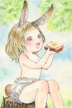 1girl animal_ears blonde_hair bloomers blush bread bread_slice commentary_request eating flat_chest food fried_egg fried_egg_on_toast highres loli nature open_mouth original outdoors painting_(medium) pen_(medium) rabbit_ears rabbit_girl rabbit_tail red_eyes sato_(osappun) short_hair sitting smile solo tail toast topless_female traditional_media underwear watercolor_(medium) white_bloomers