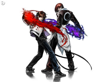 2boys brown_hair crescent_moon denim fire hiroaki_(kof) jacket jeans kusanagi_kyou male_focus moon multiple_boys pants purple_fire pyrokinesis red_hair snk the_king_of_fighters yagami_iori