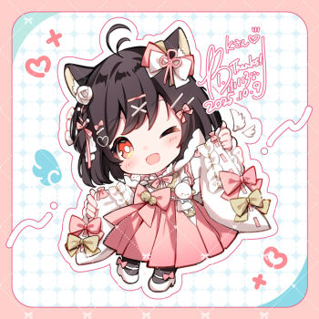 1girl ;d ahoge animal_ear_fluff animal_ears black_hair black_socks blush border bow bowtie bright_pupils cat_ears cat_girl chibi chibi_only commentary commission dated full_body hair_bow hair_ornament hakama hakama_skirt heart heart_hair_ornament indie_virtual_youtuber irori japanese_clothes kimono long_sleeves looking_at_viewer one_eye_closed one_side_up open_mouth outline pink_bow pink_bowtie pink_hakama red_border red_eyes ribbon-trimmed_sleeves ribbon_trim shoes short_hair signature skeb_commission skirt smile socks solo standing symbol-only_commentary takoko_(vtuber) virtual_youtuber watermark watermark_grid white_kimono white_outline white_pupils white_shoes wide_sleeves