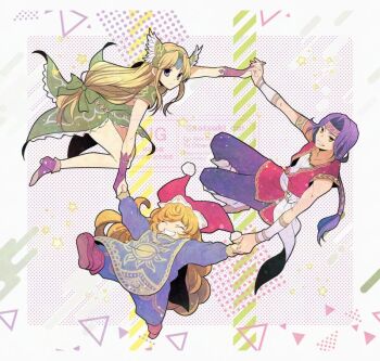 Rule 34 | 1boy, 2girls, armor, blonde hair, blue tabard, charlotte (seiken densetsu 3), closed eyes, commentary, dress, forehead jewel, green dress, hawkeye (seiken densetsu 3), helmet, holding hands, long hair, low-tied long hair, multiple girls, pants, pom pom hat ornament, ponytail, print pants, purple hair, red tunic, red vest, riesz, satsuki (chaosmode), seiken densetsu, seiken densetsu 3, shoulder armor, simple background, smile, tabard, tunic, untranslatable commentary, vest, winged hair ornament, winged headwear, winged helmet