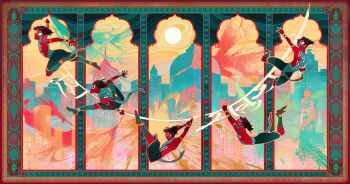 1boy animal_print bodysuit brown_hair commentary english_commentary highres indian_architecture indian_clothes marvel pavitr_prabhakar pixiescout red_bodysuit solo spider-man:_across_the_spider-verse spider-man_(series) spider-verse spider_print spider_web_print