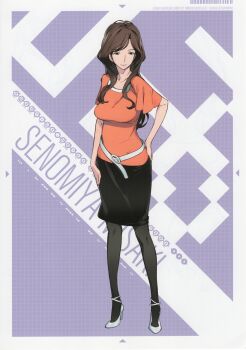 1girl absurdres black_pantyhose black_skirt breasts brown_eyes brown_hair casual character_name fukuda_tomonori full_body game_cg hair_over_shoulder high_heels highres large_breasts lipstick long_hair makeup mature_female non-web_source official_art orange_shirt pantyhose parted_bangs pencil_skirt red_lips robotics;notes science_adventure senomiya_misaki shiny_lips shirt shoes skirt solo white_background white_shoes