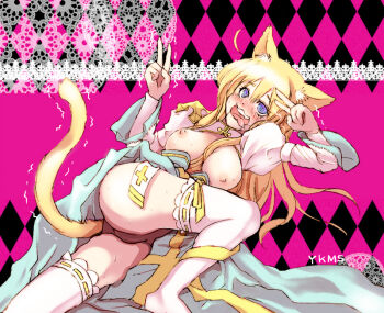 Rule 34 | 1girl, animal ear fluff, animal ears, arch bishop (ragnarok online), argyle background, ass, black panties, blonde hair, blue dress, blue eyes, blush, breasts, breasts out, cat ears, cat girl, cat tail, commentary request, cross, double v, dress, feet out of frame, frilled thighhighs, frills, juliet sleeves, large breasts, long sleeves, looking at viewer, lying, nipples, on side, open mouth, panties, pink background, puffy sleeves, ragnarok online, ribbon-trimmed thighhighs, ribbon trim, solo, tail, thighhighs, trembling, two-tone dress, underwear, v, white dress, white thighhighs, yukimushi