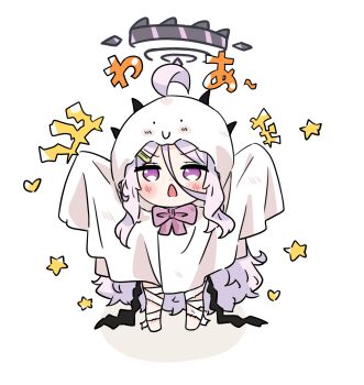1girl ahoge blue_archive chibi chibi_only commentary e_v_e_neko ghost_costume halloween halloween_costume halo highres hina_(blue_archive) long_hair purple_eyes solo white_background