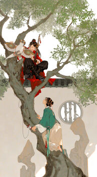 2girls aoqun architecture bamboo black_hair chinese_clothes climbing_tree east_asian_architecture full_body hair_bun hanfu highres ibuki_satsuki in_tree indian_style jian_(weapon) kite long_hair looking_at_another makeup multiple_girls on_wall original outdoors pleated_pants pleated_skirt ponytail red_lips sitting sitting_in_tree skirt sky stone_wall sword tree weapon window wuxia yaopei