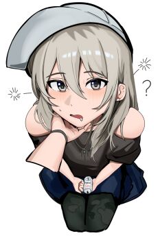 2girls ? absurdres bad_perspective baseball_cap beer_can black_shirt blush bracelet can commentary drink_can drooling drunk earclip female_pov from_above girls_band_cry grey_eyes grey_hair haidao_mao hair_between_eyes hat highres holding holding_can iseri_nina jewelry kawaragi_momoka long_hair looking_at_viewer multicolored_hair multiple_girls off-shoulder_shirt off_shoulder open_mouth pov roots_(hair) shirt sidelocks simple_background squeans white_background white_hat yuri