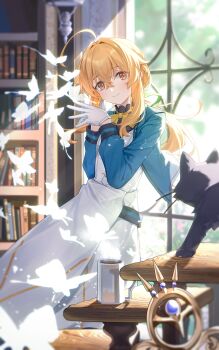 1girl absurdres ahoge blonde_hair blue_jacket book bookshelf bow bowtie bug butterfly cat closed_mouth commentary_request cup day dress gloves highres indoors insect jacket light_smile long_hair long_sleeves looking_at_viewer monica_everett open_clothes open_jacket orange_eyes own_hands_together silent_witch solo white_butterfly white_dress white_gloves window xiu_kukkii yellow_bow yellow_bowtie