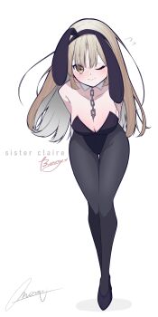 1girl ;) absurdres alternate_breast_size_(larger) animal_ear_hairband animal_ears arms_behind_back bare_shoulders black_hairband black_leotard black_pantyhose black_shoes blush breasts brown_eyes brown_hair chain chain_around_neck chain_between_breasts character_name cleavage commentary_request detached_collar embarrassed fake_animal_ears flying_sweatdrops from_side full_body hairband high_heels highleg highleg_leotard highres large_breasts leaning_forward leotard long_hair long_legs macaron_pri nervous_smile nijisanji one_eye_closed pantyhose playboy_bunny pumps rabbit_ear_hairband rabbit_ears shoes signature simple_background sister_claire smile solo straight_hair strapless strapless_leotard virtual_youtuber white_background wispy_bangs