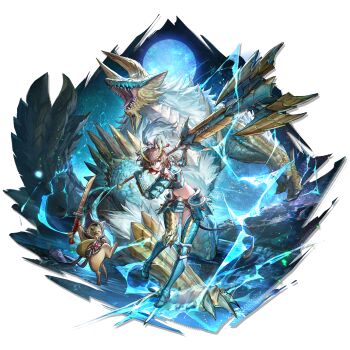 1girl arknights armor blue_scales brown_hair catapult_(arknights) closed_mouth dragon electricity full_moon fur-trimmed_armor fur_trim green_eyes highres looking_at_viewer midriff monster monster_hunter_(series) moon navel official_art open_mouth pigeon-toed sharp_teeth short_hair smile solo studio_montagne switch_axe teeth wyvern zinogre zinogre_(armor)