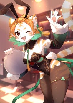 1girl absurdres animal_ears bar_(place) black_leotard blurry blurry_background blush breasts brown_eyes bunnimals chinese_clothes colored_inner_hair commentary_request detached_sleeves fake_tail furry furry_female green_hair hair_bun highres holding holding_tray indoors kawarage_yatano leotard looking_at_viewer multicolored_fur multicolored_hair official_art one_eye_closed open_mouth orange_fur orange_hair short_hair single_hair_bun small_breasts smile solo striped_fur tail thighhighs third-party_source tiger_ears tiger_girl tiger_tail tray waitress waving white_fur xiaoju_(bunnimals)