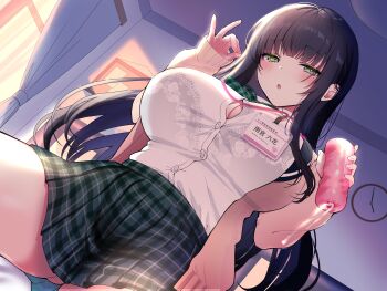1girl :o artificial_vagina bedroom black_bra black_hair blunt_bangs blush bra bra_visible_through_clothes breasts cardigan ceiling clock commentary_request cum green_eyes green_skirt highres indoors large_breasts long_hair looking_at_viewer mole mole_under_eye name_tag non-web_source open_mouth original pink_cardigan plaid_clothes plaid_skirt pleated_skirt pontaro18 school_uniform sex_toy shirt sitting skirt solo spread_legs underwear very_long_hair wall_clock white_shirt window