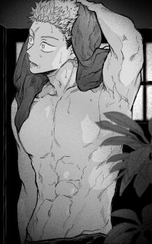 1boy abs arm_up armpits collarbone commentary drying drying_hair drying_own_hair greyscale itadori_yuuji jujutsu_kaisen male_focus monochrome nay_bb open_mouth pectorals scar scar_on_face scar_on_mouth short_hair solo toned toned_male topless_female towel towel_on_head undercut wet