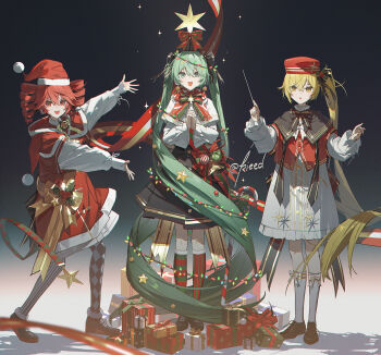 3girls :o absurdly_long_hair akita_neru aqua_eyes aqua_hair black_skirt blonde_hair blush bow box brown_shoes capelet chinese_commentary christmas_tree_costume commentary_request cropped_jacket diamond_print dress drill_hair fur_trim gift gift_box green_bow hair_between_eyes hat hatsune_miku highres jacket kasane_teto kieed kneehighs long_hair long_sleeves looking_at_another looking_at_viewer multiple_girls open_mouth own_hands_together pantyhose red_capelet red_dress red_eyes red_hair red_hat red_jacket red_shoes red_socks santa_hat shirt shoes side_ponytail skirt socks striped_clothes striped_socks triple_baka_(vocaloid) twin_drills utau very_long_hair vocaloid white_dress white_pantyhose white_shirt white_socks yellow_eyes
