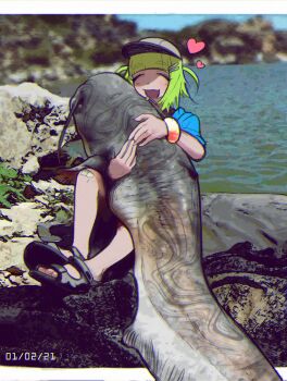 1girl baseball_cap catfish closed_eyes commentary dated fish green_hair hair_ornament hairclip hat heart highres open_mouth original pyoko_(sandwicha) water