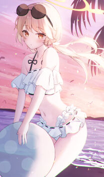 1girl absurdres ball beach beachball bikini bird black-framed_eyewear blonde_hair blue_archive cloud collarbone commentary_request eyewear_on_head frilled_bikini frills halo hifumi_(blue_archive) hifumi_(swimsuit)_(blue_archive) highleg highres leopon_pon long_hair looking_at_viewer low_twintails partial_commentary pink_sky sky sunglasses swimsuit twintails water white_bikini wind yellow_eyes yellow_halo