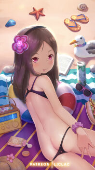 1girl :p ass bikini bird black_bikini black_hairband blush book brown_hair can female_focus flip-flops flower hair_flower hair_ornament hairband hat liclac loli looking_at_viewer looking_back lotion lying original patreon_username pink_eyes sand sandals shell solo straw_hat sunglasses swimsuit thong tongue tongue_out unworn_eyewear unworn_hat unworn_headwear unworn_sandals