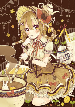 1girl absurdres argyle baby_animal bird blush bonnet bow braid braided_hair_rings brown_eyes brown_hair brown_skirt cake cake_slice center_frills chick coffee coffee_bean_hair_ornament coffee_pot commentary_request cup drinking_glass drinking_straw female_focus food frilled_cuffs frilled_sleeves frills gloves hair_between_eyes hair_bow hair_ornament hair_rings hand_to_own_mouth high-waist_skirt highres lolita_fashion milk neck_ribbon original oversized_object petticoat pleated_skirt rabbit red_bow red_ribbon ribbon sakura_oriko single_thighhigh skirt smile solo steam stirring striped_clothes striped_thighhighs teapot thighhighs vertical-striped_clothes vertical-striped_thighhighs white_gloves wrist_cuffs x_hair_ornament yellow_bow