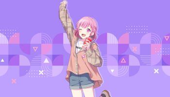 1girl ;d alternate_costume alternate_hairstyle black_socks blue_shorts brown_shoes colorful_palette cup drinking_straw game_cg highres holding holding_cup jacket leg_up long_sleeves medium_hair official_art one_eye_closed ootori_emu open_mouth pin pink_eyes pink_hair pink_jacket project_sekai purple_background shirt shoes shorts sleeves_past_wrists smile socks soda solo third-party_source tongue triangle white_shirt
