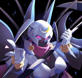 Rule 34 | 1girl, armor, bandana, bandana around neck, black background, breasts, commission, dianamon, digimon, digimon (creature), glowing, glowing eyes, heart, helmet, highres, holding, holding scythe, luryxia, medium breasts, pink bandana, purple eyes, scythe, simple background, solo, upper body, v, white armor, white helmet